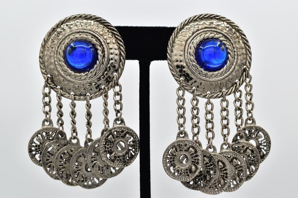 Vintage Coin Dangle Earrings Blue Lucite Cabochon Chunky Silver Tone 1980s BinBF
